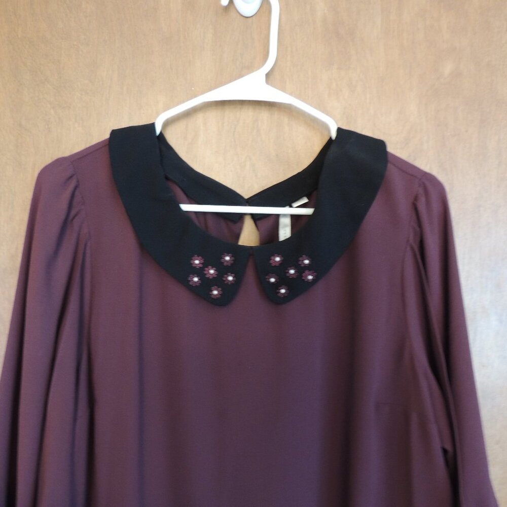 LC Lauren Conrad Burgundy Shift Dress Black Beaded Collar Size XL